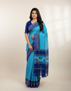 Soft Linen Cotton Saree with Ikkat Digital Prints & Silver Zari Border