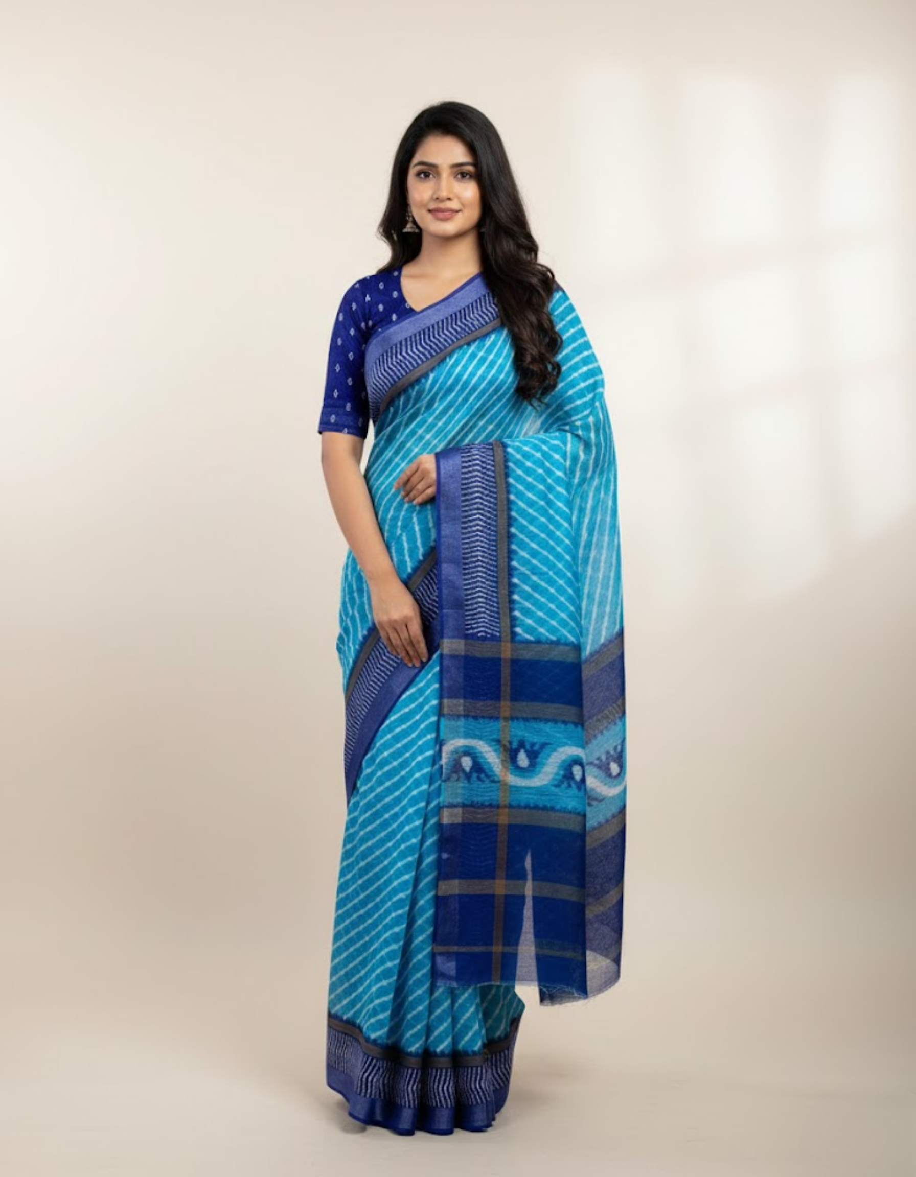Soft Linen Cotton Saree with Ikkat Digital Prints & Silver Zari Border