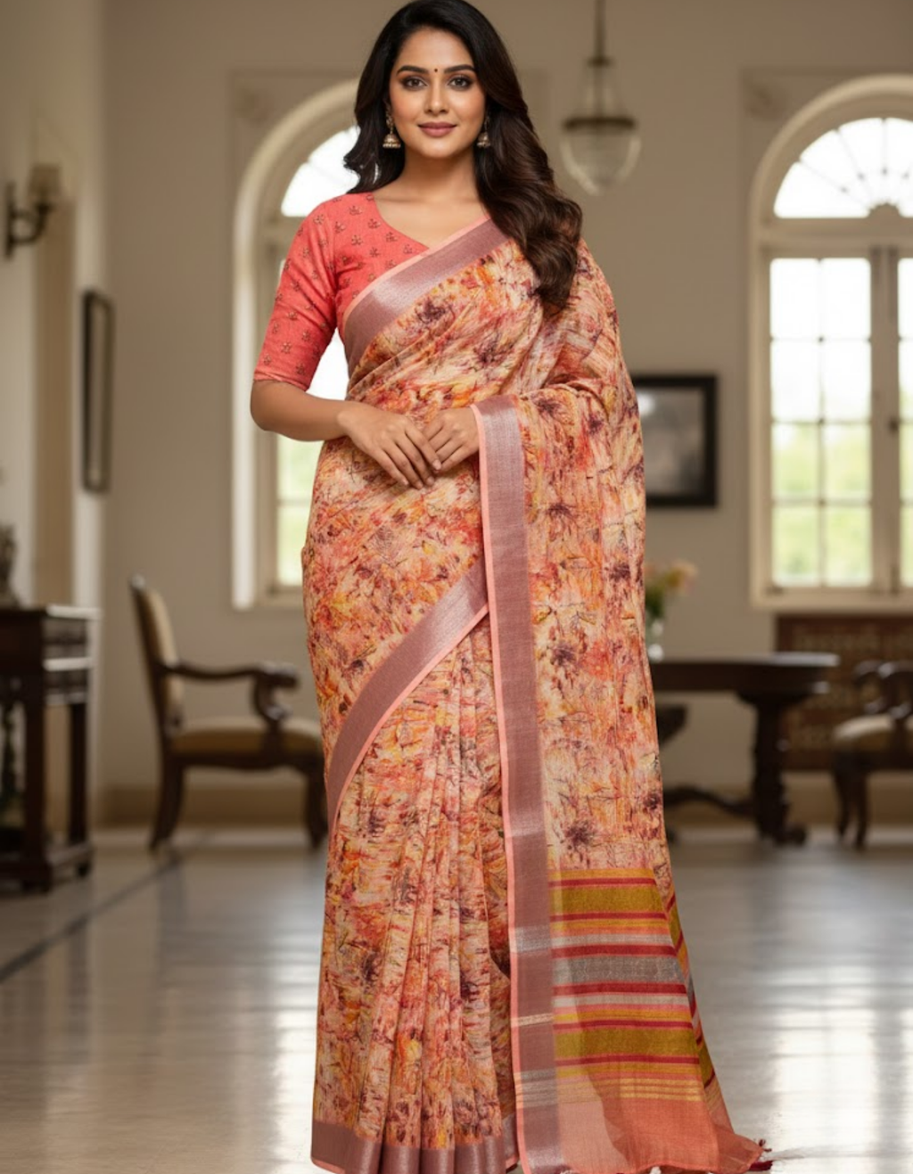 Multicolor Linen Cotton Saree with Floral Digital Prints