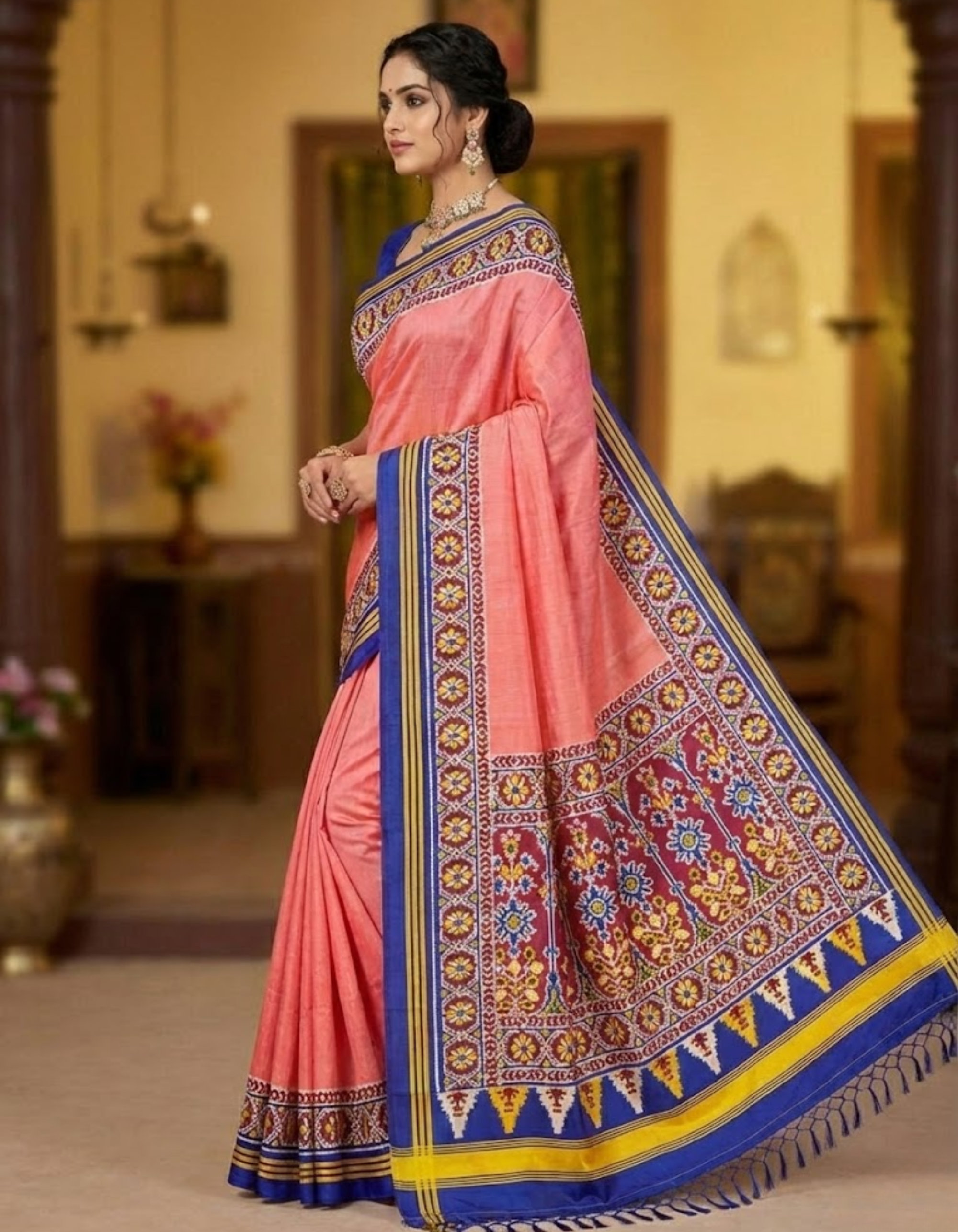 Peach Soft Silk Saree with Patola Digital Prints & Tassel Pallu