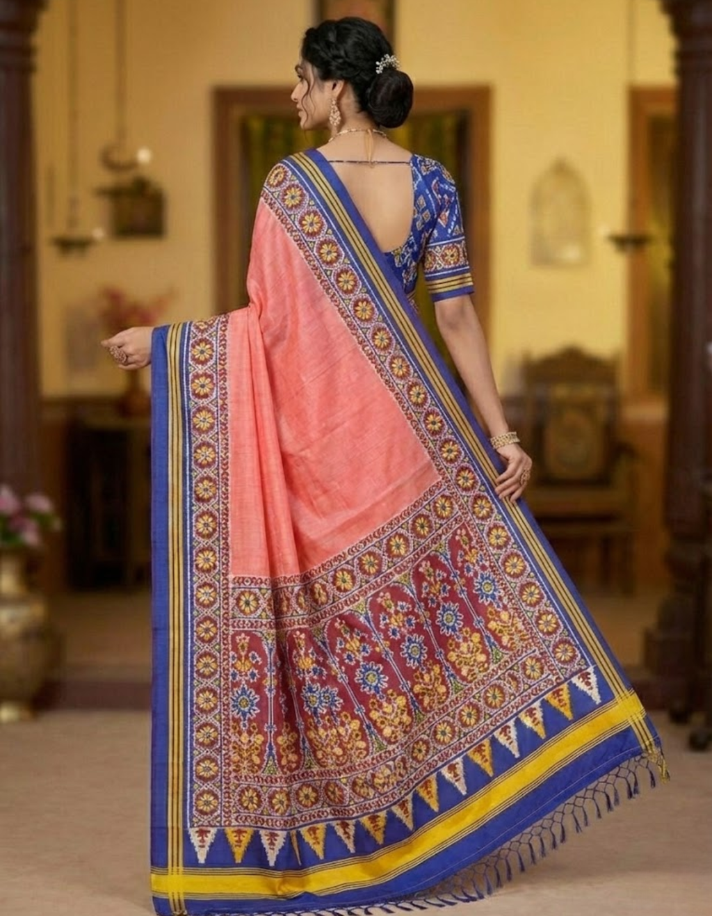 Peach Soft Silk Saree with Patola Digital Prints & Tassel Pallu