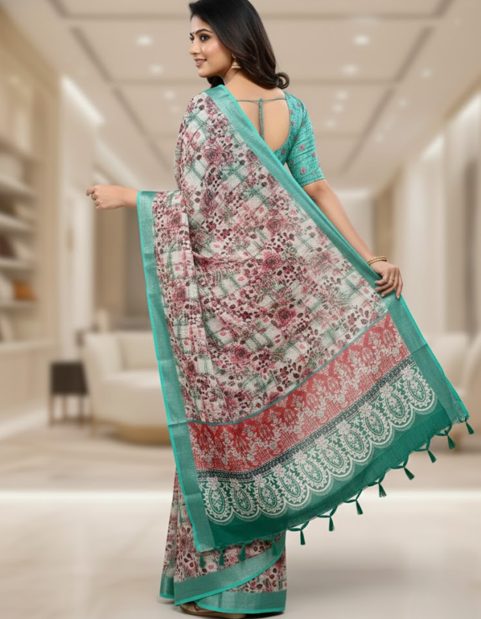 Linen Cotton Saree with Floral Digital Prints