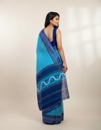 Soft Linen Cotton Saree with Ikkat Digital Prints & Silver Zari Border