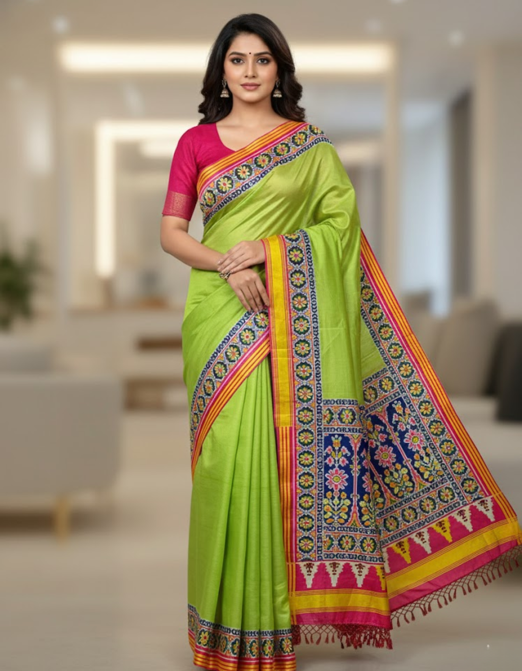 Green Soft Silk Saree with Patola Digital Prints & Tassel Pallu