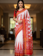 Soft Linen Cotton Saree with Ikkat Digital Prints & Silver Zari Border