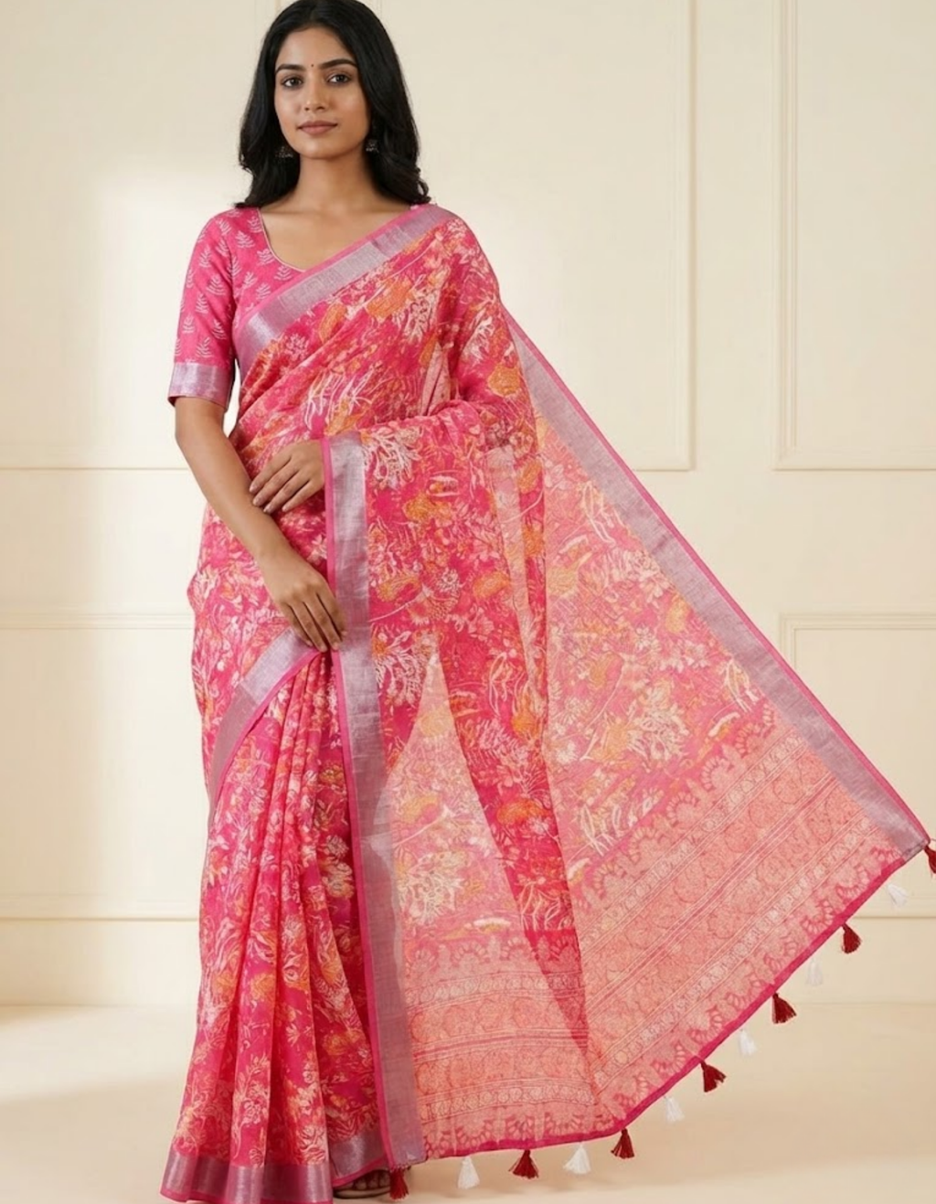 Multicolor Linen Cotton Saree with Floral Digital Prints