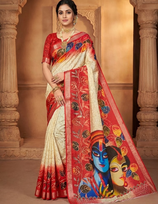 Soft Linen Cotton Saree with Batik Digital Prints & Silver Zari Border