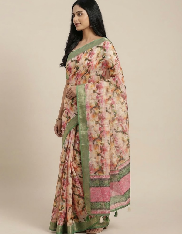 Linen Cotton Saree with Floral Digital Prints