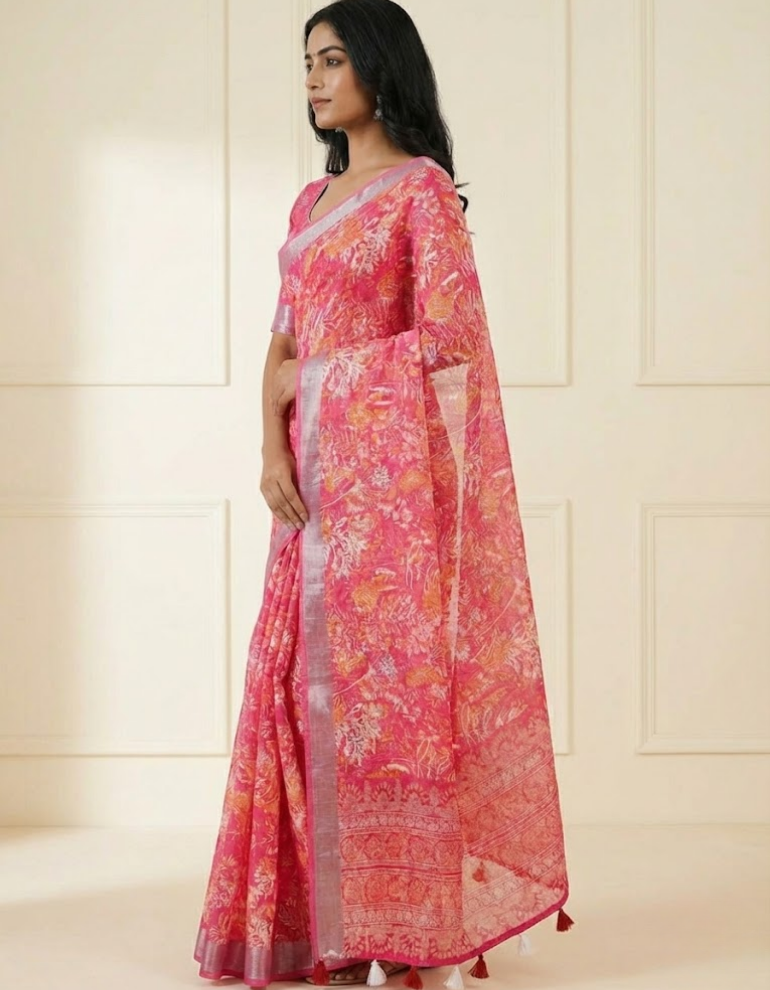 Multicolor Linen Cotton Saree with Floral Digital Prints