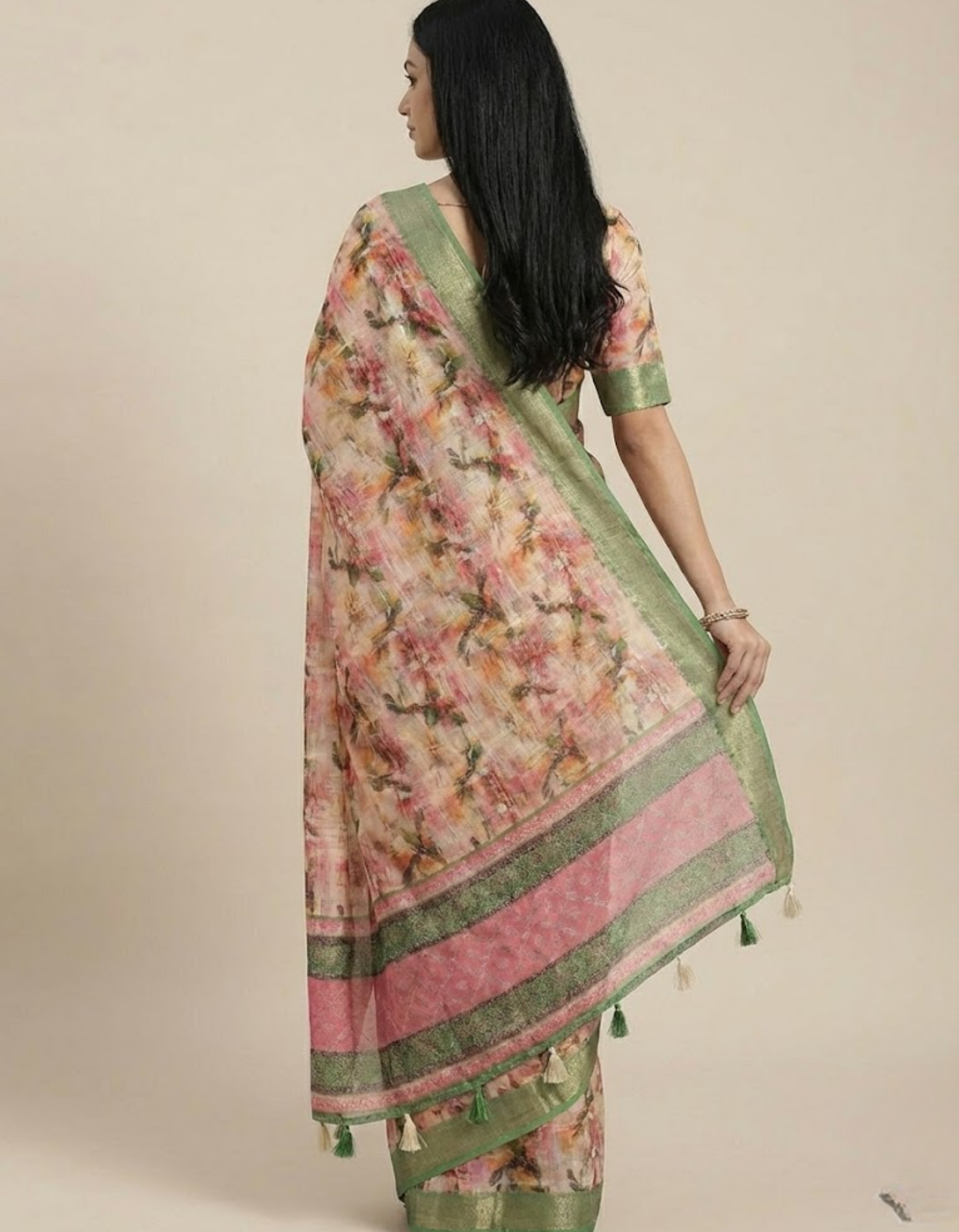 Linen Cotton Saree with Floral Digital Prints