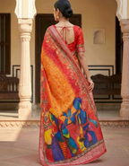 Soft Linen Cotton Saree with Batik Digital Prints & Silver Zari Border