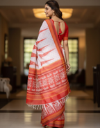 Soft Linen Cotton Saree with Ikkat Digital Prints & Silver Zari Border