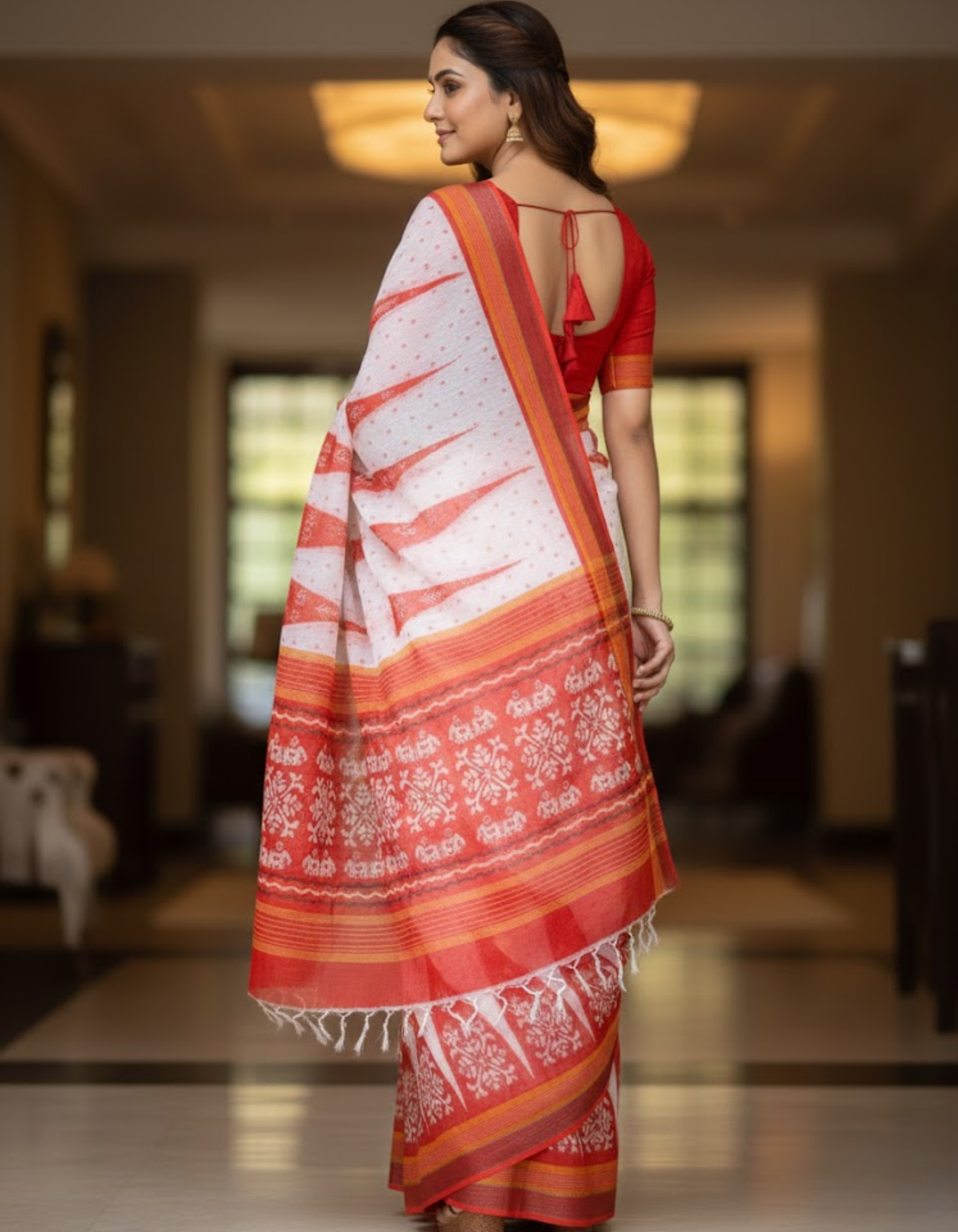 Soft Linen Cotton Saree with Ikkat Digital Prints & Silver Zari Border