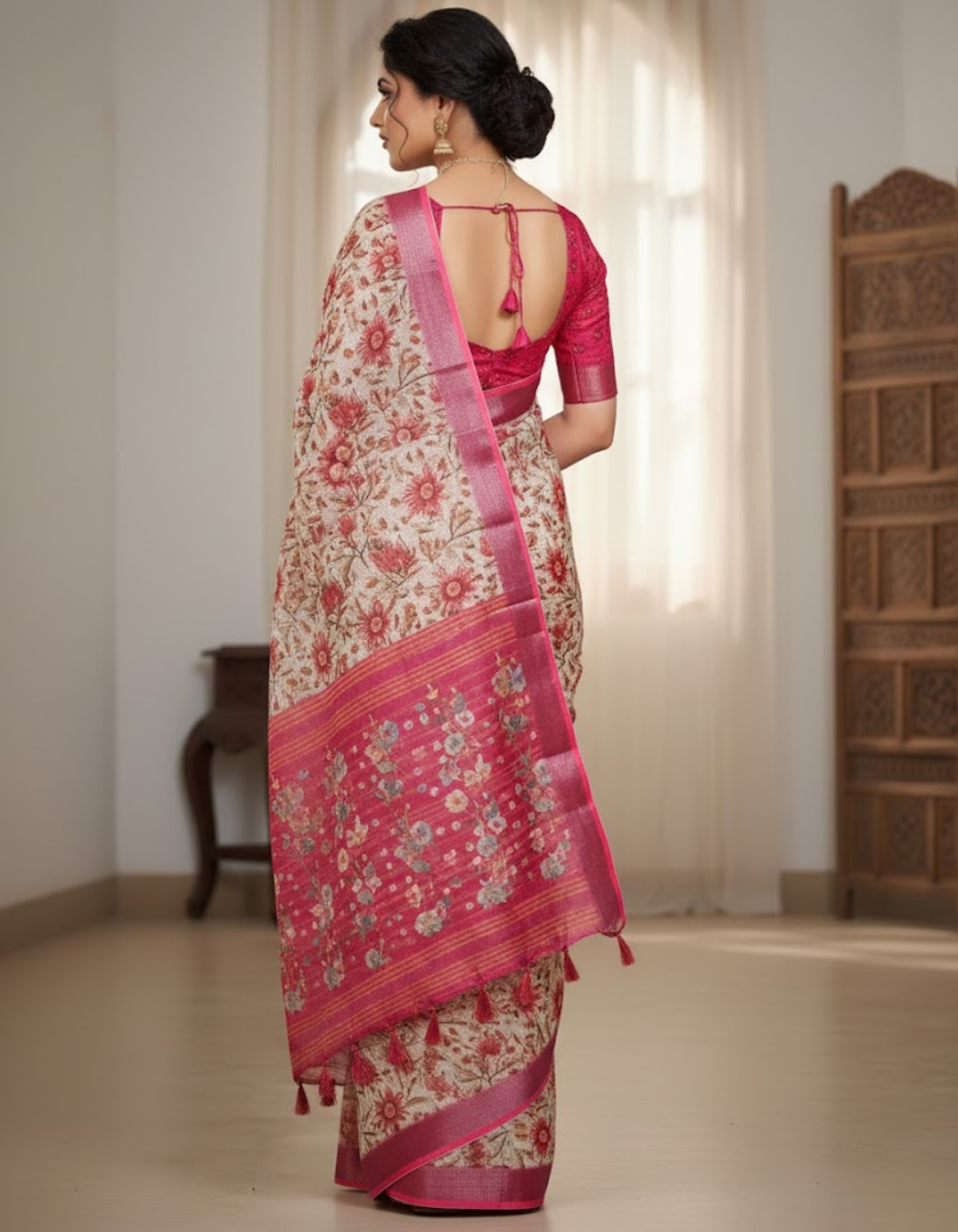 Multicolor Linen Cotton Saree with Floral Digital Prints