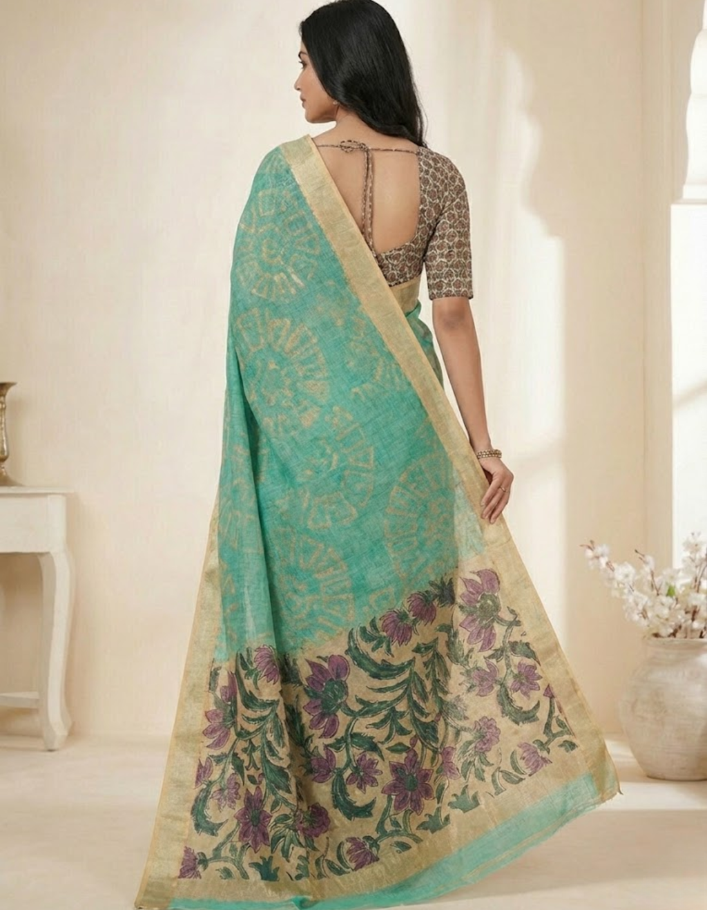 Rama Linen Cotton Saree with Silver Zari Border, Graphic Digital Print Body & Kalamkari Floral Pallu