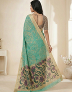 Rama Linen Cotton Saree with Silver Zari Border, Graphic Digital Print Body & Kalamkari Floral Pallu