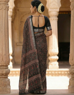 Soft Linen Cotton Saree with Ajrakh Digital Prints & Silver Zari Border