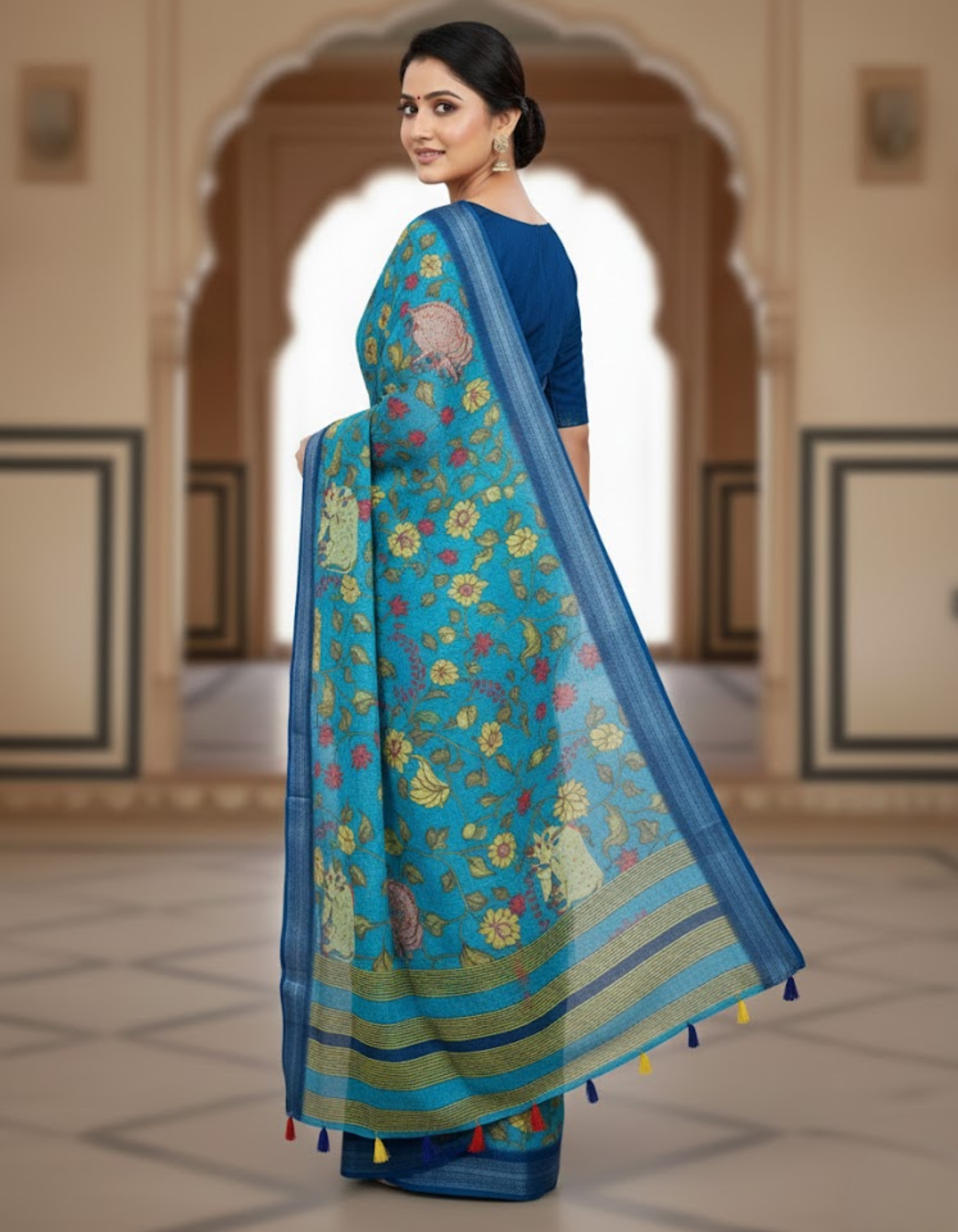 Linen Cotton Saree with Zari Weave Border & Pichwai Kalamkari Digital Prints