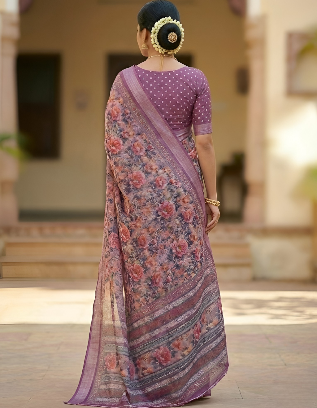 Linen Cotton Saree with Floral Digital Prints