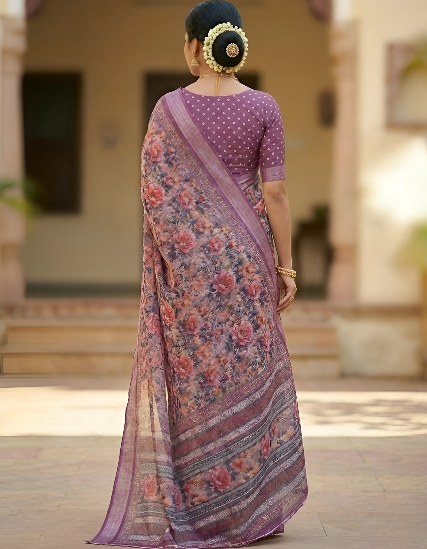 Linen Cotton Saree with Floral Digital Prints