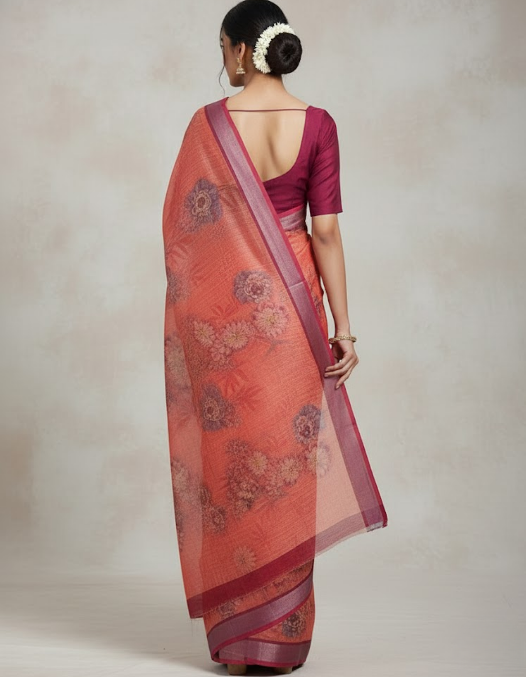 Linen Cotton Saree with Zari Weave Border & Floral Digital Prints