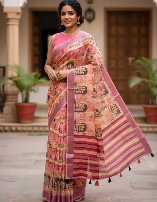 Linen Cotton Saree with Floral Digital Prints