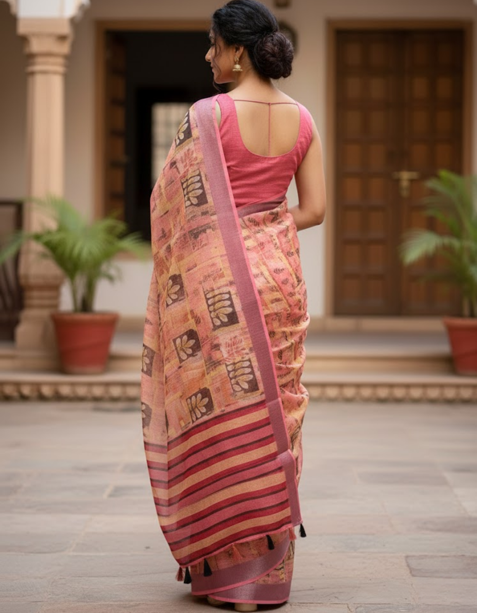 Linen Cotton Saree with Floral Digital Prints