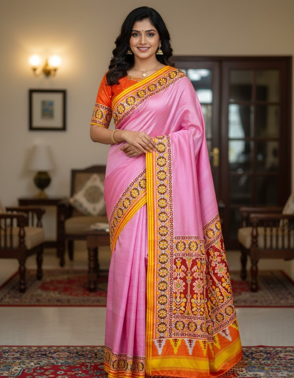 Pink Soft Silk Saree with Patola Digital Prints & Tassel Pallu
