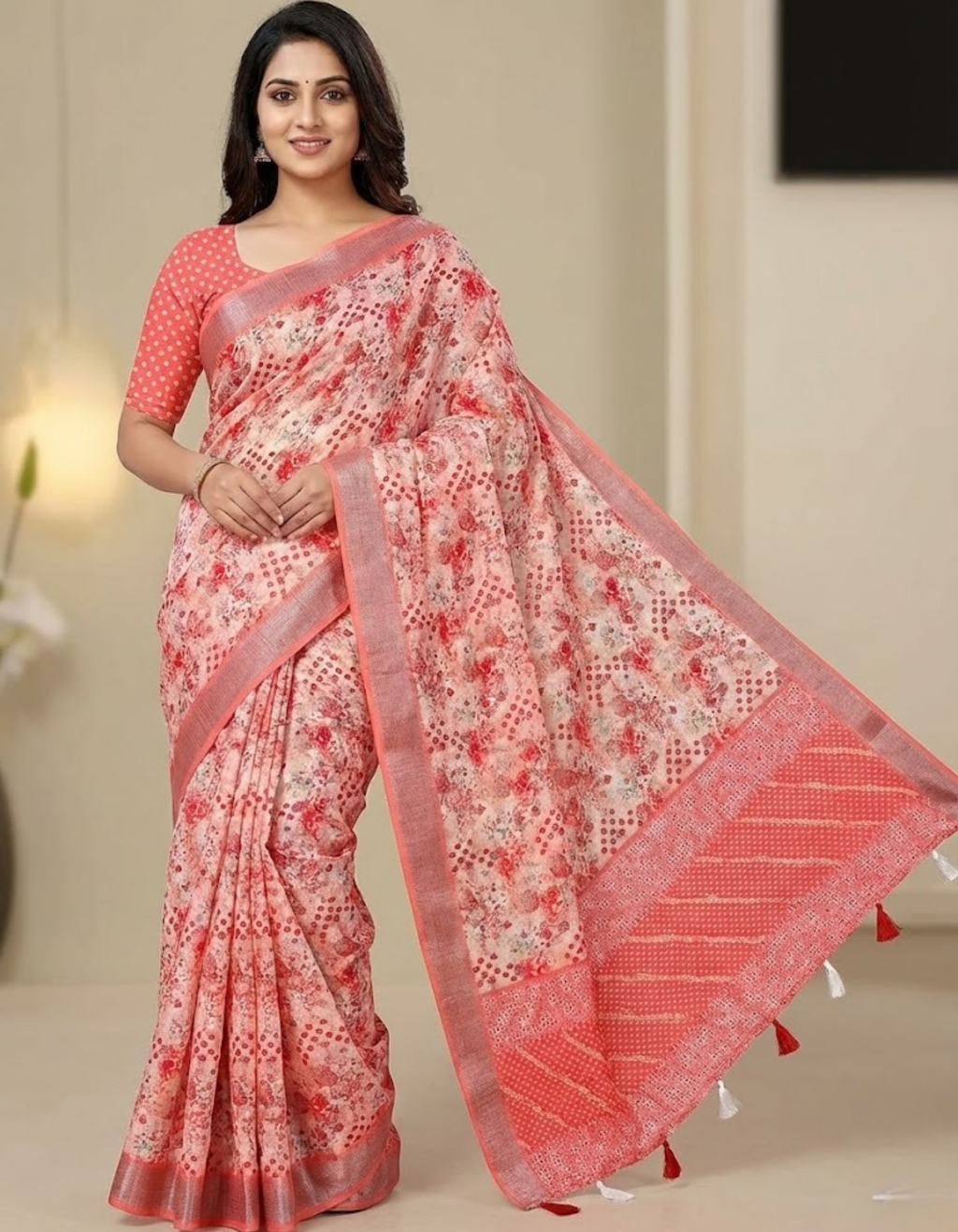 Multicolor Linen Cotton Saree with Floral Digital Prints