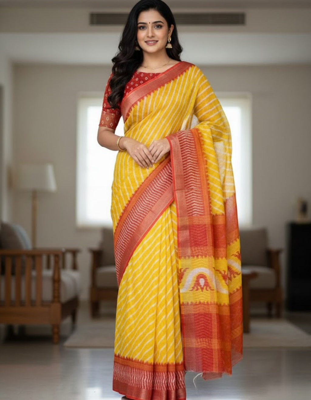 Soft Linen Cotton Saree with Ikkat Digital Prints & Silver Zari Border