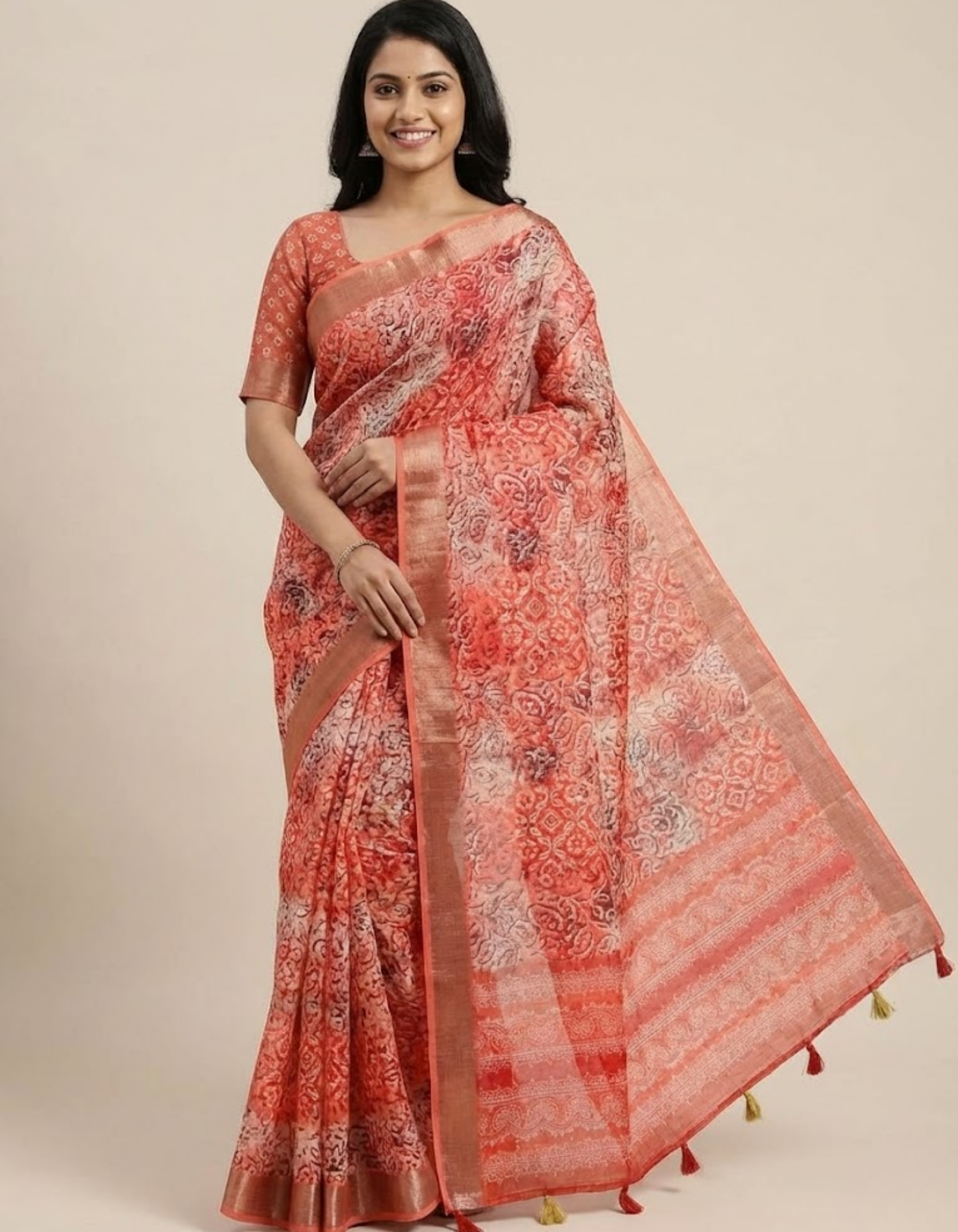 Linen Cotton Saree with Floral Digital Prints