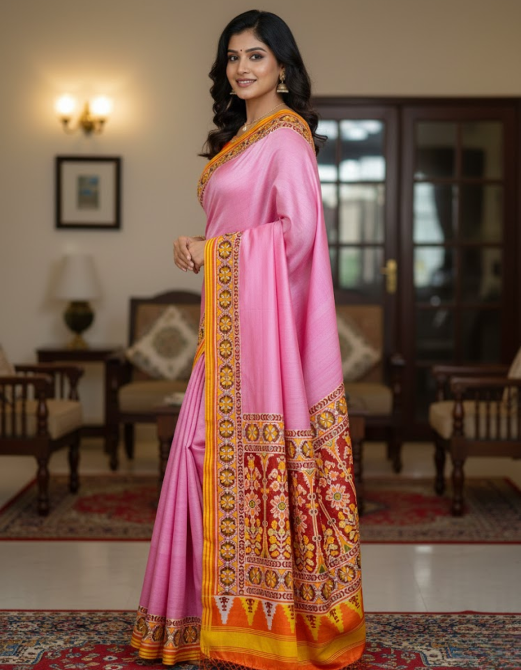 Pink Soft Silk Saree with Patola Digital Prints & Tassel Pallu