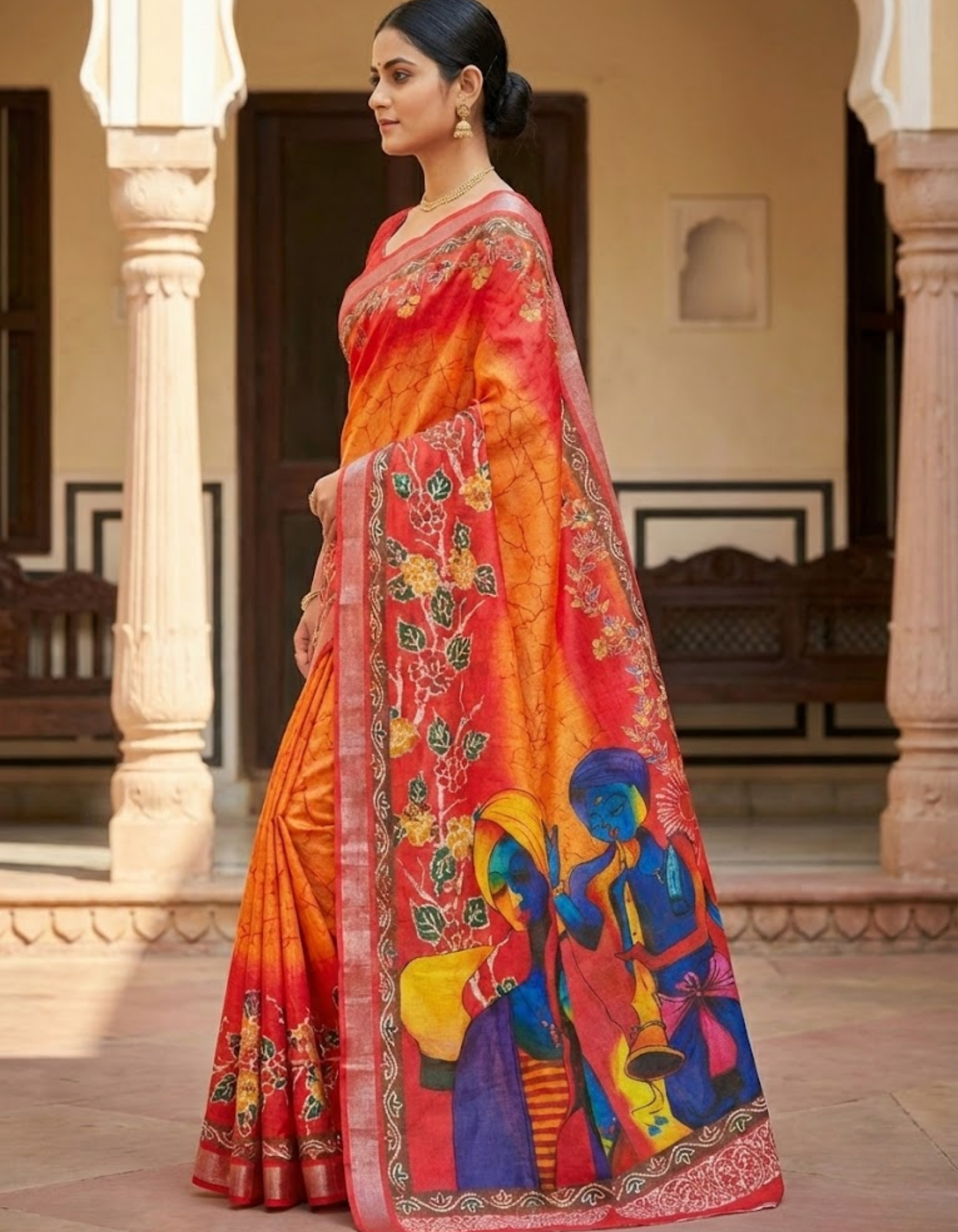 Soft Linen Cotton Saree with Batik Digital Prints & Silver Zari Border