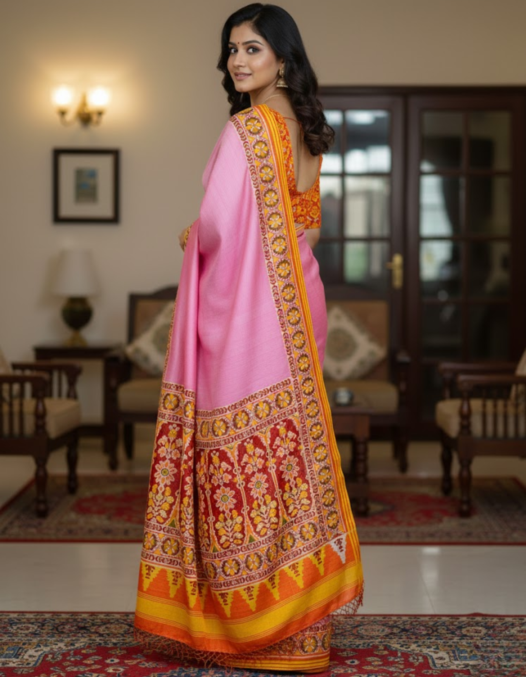 Pink Soft Silk Saree with Patola Digital Prints & Tassel Pallu