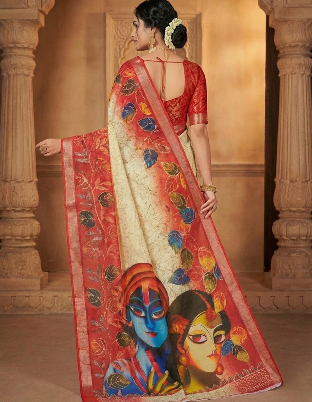 Soft Linen Cotton Saree with Batik Digital Prints & Silver Zari Border