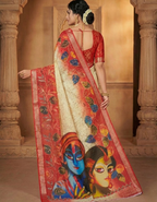 Soft Linen Cotton Saree with Batik Digital Prints & Silver Zari Border