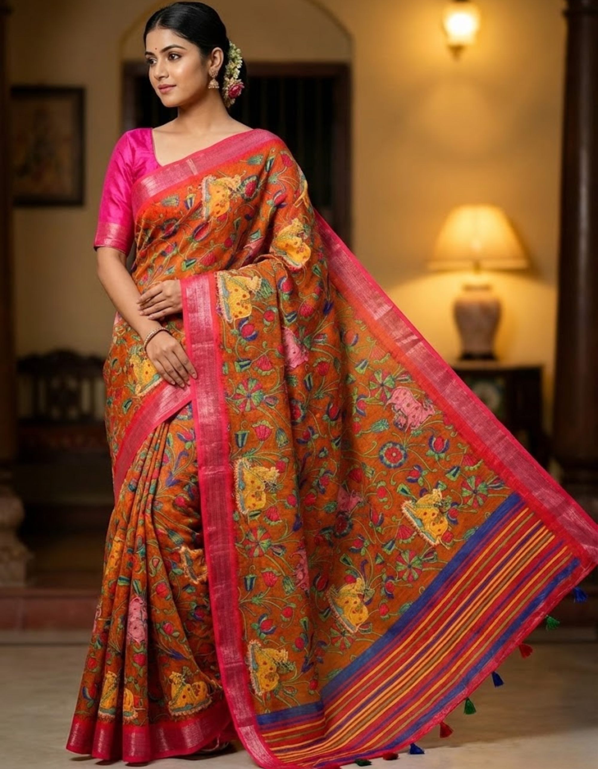 Linen Cotton Saree with Zari Weave Border & Pichwai Kalamkari Digital Prints