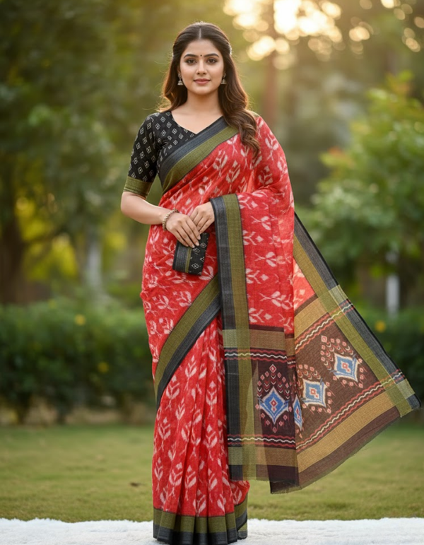 Soft Linen Cotton Saree with Ikkat Digital Prints & Silver Zari Border