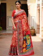 Soft Linen Cotton Saree with Batik Digital Prints & Silver Zari Border