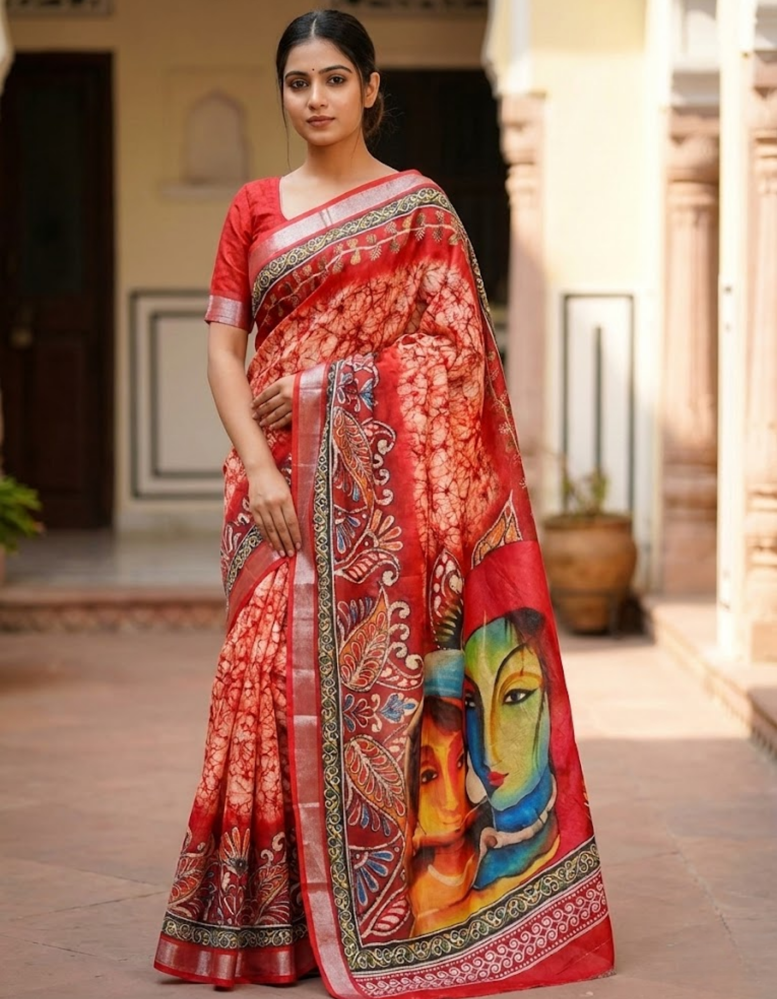 Soft Linen Cotton Saree with Batik Digital Prints & Silver Zari Border