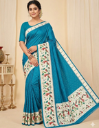 Teal Blue  Soft Silk Saree with Paithani Digital Print