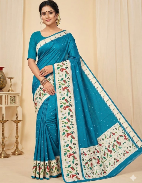 Teal Blue  Soft Silk Saree with Paithani Digital Print