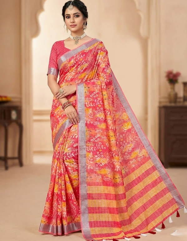 Multicolor Linen Cotton Saree with Floral Digital Prints