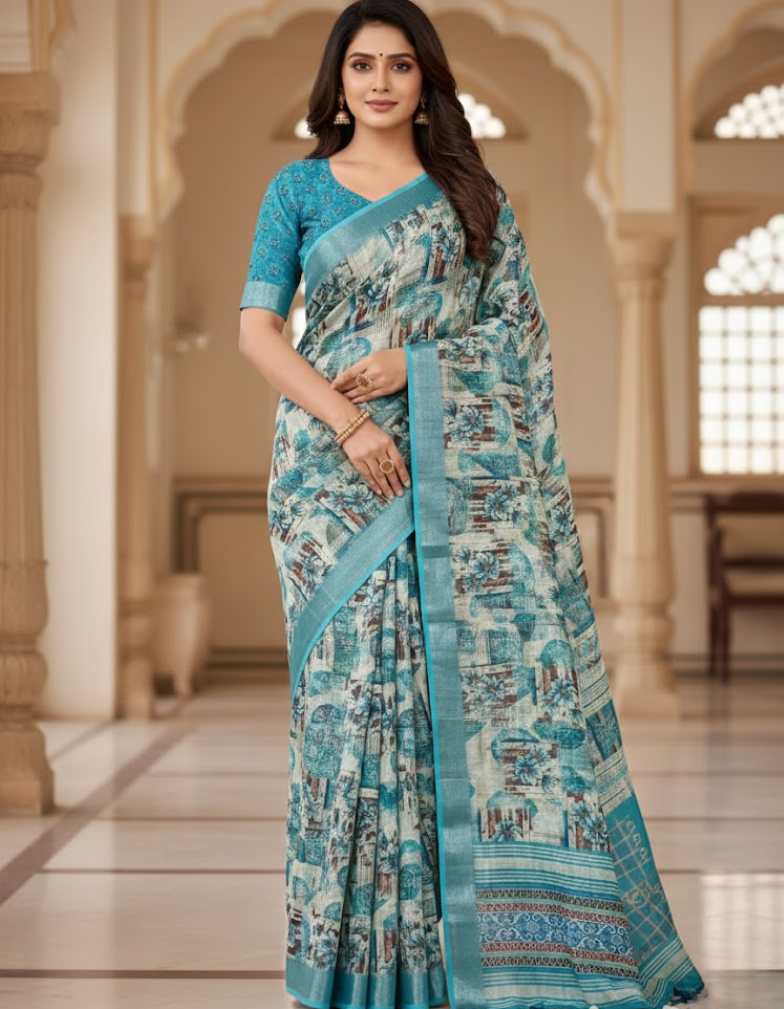 Linen Cotton Saree with Floral Digital Prints