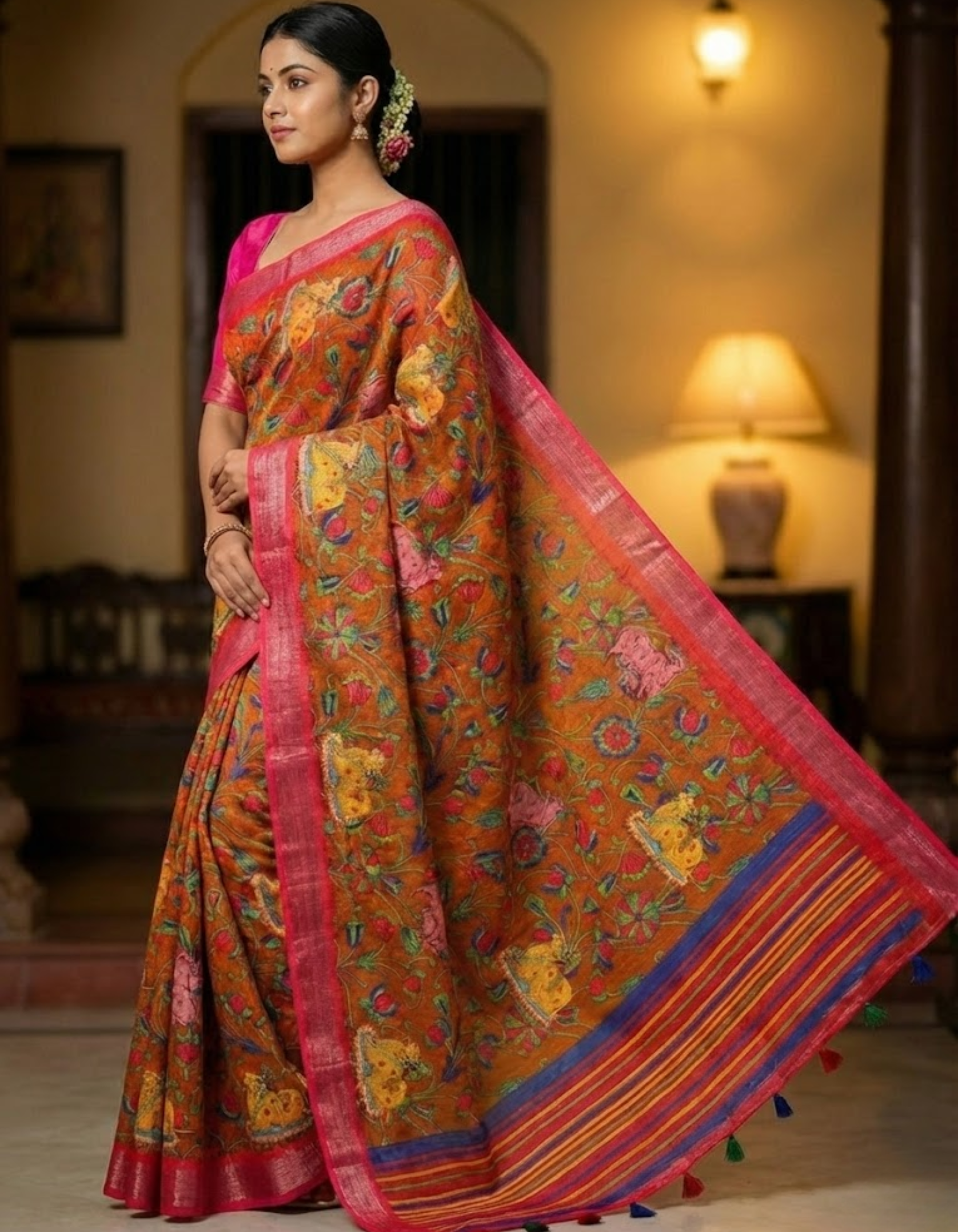 Linen Cotton Saree with Zari Weave Border & Pichwai Kalamkari Digital Prints