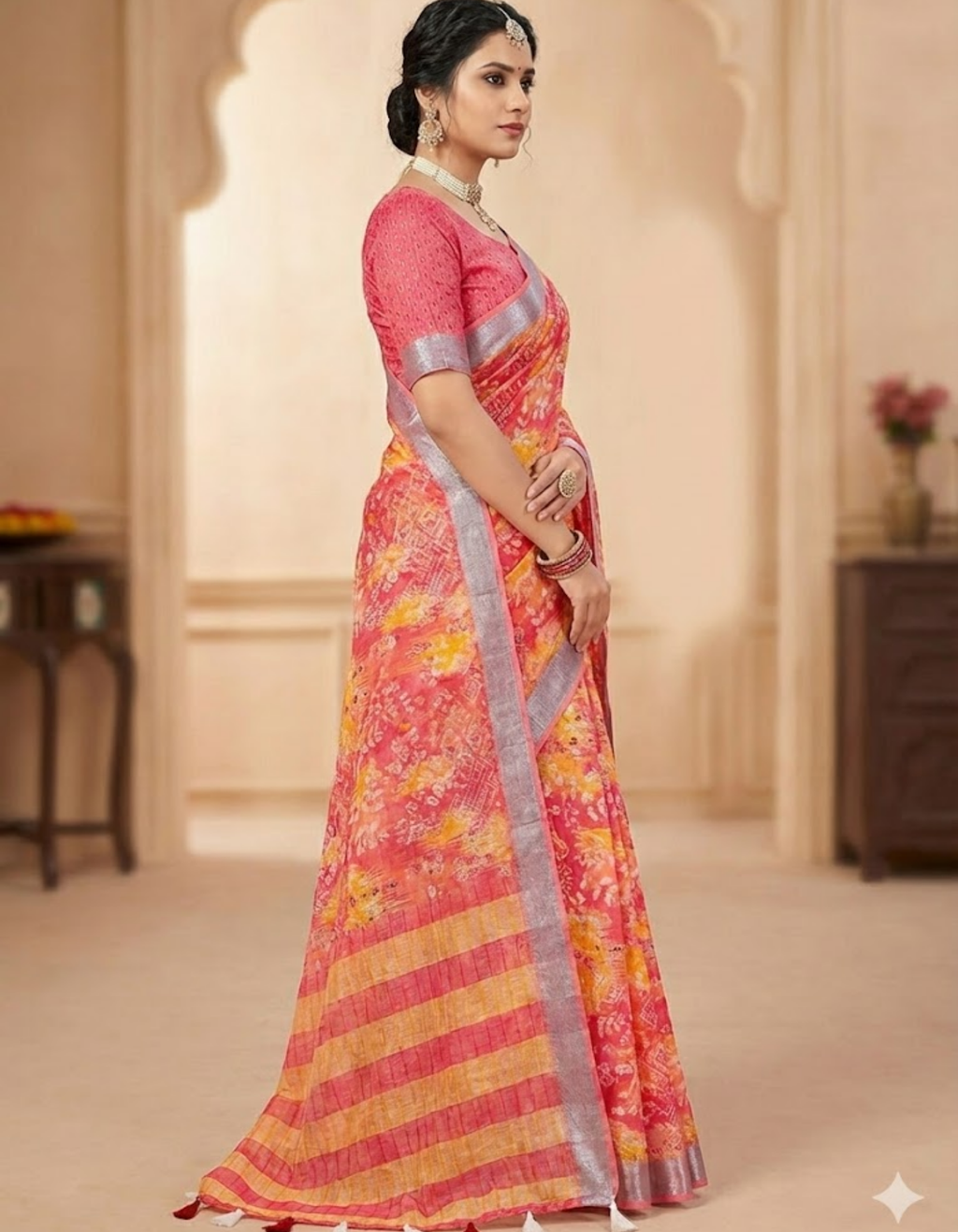 Multicolor Linen Cotton Saree with Floral Digital Prints