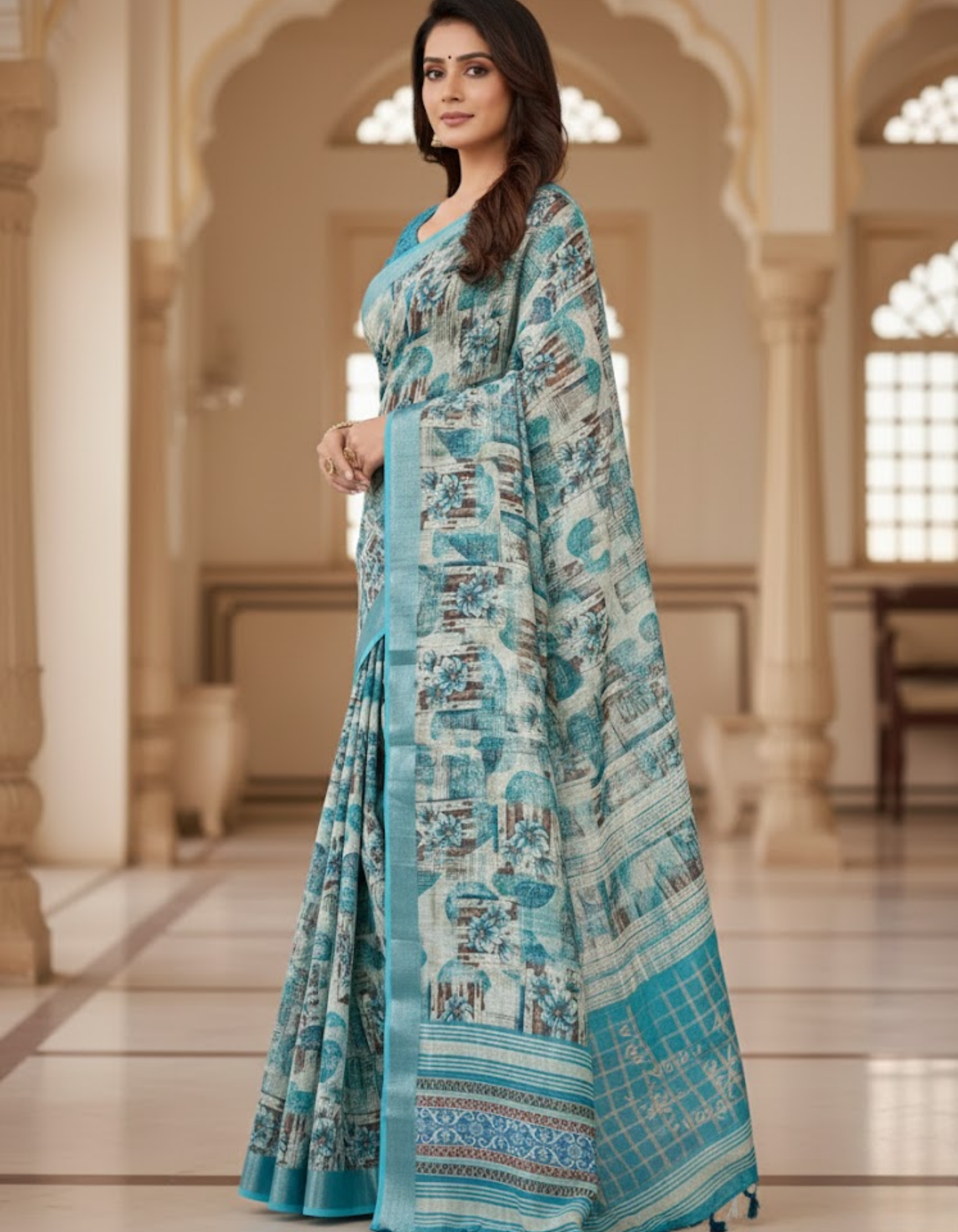 Linen Cotton Saree with Floral Digital Prints