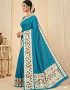 Teal Blue  Soft Silk Saree with Paithani Digital Print