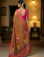 Linen Cotton Saree with Zari Weave Border & Pichwai Kalamkari Digital Prints
