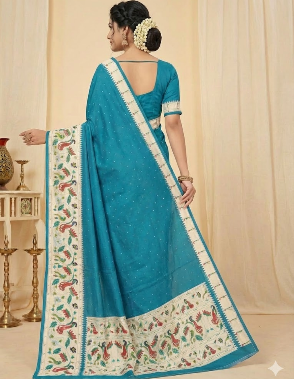 Teal Blue  Soft Silk Saree with Paithani Digital Print